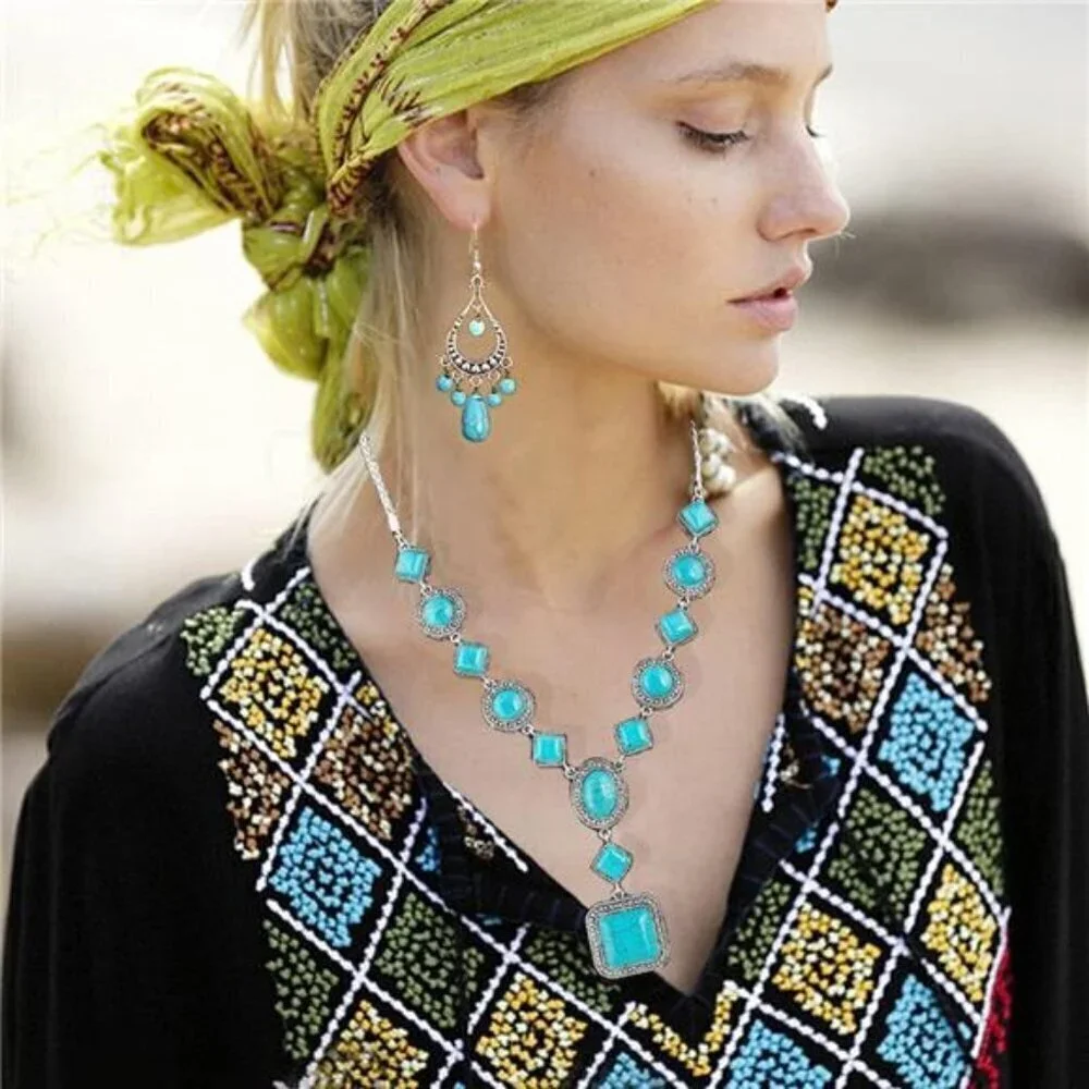 Bohemian Turquoise Necklace Set - Women's Cowgirl Chic Jewelry Set Turquoise